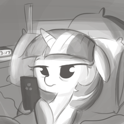 Size: 792x792 | Tagged: safe, artist:tjpones, twilight sparkle, pony, g4, 30 minute art challenge, bed, cellphone, clock, female, floppy ears, grayscale, lying down, monochrome, on back, phone, pillow, sleepy, smartphone, solo, tired