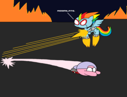 Size: 1986x1522 | Tagged: safe, artist:trc-tooniversity, rainbow dash, pony, puffball, robot, robot pony, g4, crossover, gun, kirby, kirby (series), mecha, ms paint, weapon