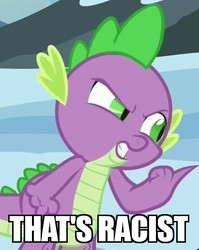 Size: 411x516 | Tagged: safe, edit, edited screencap, screencap, spike, dragon, g4, the times they are a changeling, angry, fist, image macro, male, meme, pointing, reaction image, solo, that's racist