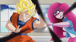 Size: 600x338 | Tagged: artist needed, safe, pinkie pie, fanfic:cupcakes, smile hd, equestria girls, g4, animated, crossover, dragon ball, dragon ball super, dragon ball z, female, fight, gif, male, pinkamena diane pie, son goku, universe survival arc