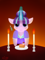 Size: 1500x2000 | Tagged: safe, artist:keisaa, starlight glimmer, pony, g4, cake, candle, dinner, female, food, glowing horn, horn, looking at you, magic, solo, telekinesis