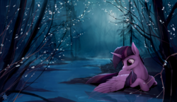 Size: 3000x1740 | Tagged: dead source, safe, artist:noctilucent-arts, twilight sparkle, alicorn, pony, g4, female, forest, high res, looking down, open mouth, prone, river, scenery, smiling, solo, twilight sparkle (alicorn)