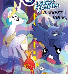 Size: 1036x1115 | Tagged: safe, artist:tony fleecs, edit, philomena, princess celestia, princess luna, tiberius, phoenix, g4, my little pony: friends forever, cover, cyoa, cyoa:darkest hour, semi-grimdark source