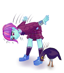 Size: 780x900 | Tagged: dead source, safe, artist:kul, sunny flare, pigeon, equestria girls, g4, adoraflare, behaving like a bird, clothes, crystal prep academy uniform, crystal prep shadowbolts, cute, headbang, meme, pose, school uniform, shoes, simple background, socks, trash dove, white background