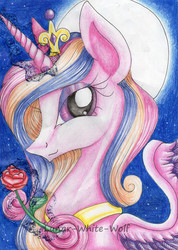 Size: 2424x3408 | Tagged: safe, artist:lunar-white-wolf, princess cadance, pony, g4, beautiful, eyeshadow, female, flower, full moon, high res, looking at you, makeup, moon, night, rose, smiling, solo, traditional art