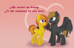 Size: 900x579 | Tagged: safe, artist:soulfulmirror, oc, oc only, oc:honey ella, oc:romance heart, earth pony, pegasus, pony, duo, female, heart, male, mare, romella, spread wings, stallion, straight, valentine, valentine's day