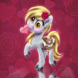 Size: 1080x1080 | Tagged: safe, artist:helmie-art, derpy hooves, pegasus, pony, g4, bag, chest fluff, cute, female, heart, letter, mare, mouth hold, raised hoof, smiling, solo, valentine's day