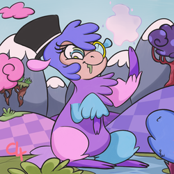 Size: 1024x1024 | Tagged: safe, artist:chaosllama, oc, oc only, llama, chaos, cloud, cotton candy, cotton candy cloud, discorded landscape, evil, evil grin, food, grin, hat, looking at you, magic, monocle, mountain, non-pony oc, original character do not steal, plants, scenery, smiling, top hat
