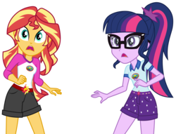 Size: 5425x4135 | Tagged: safe, artist:pink1ejack, sci-twi, sunset shimmer, twilight sparkle, equestria girls, g4, my little pony equestria girls: legend of everfree, absurd resolution, clothes, duo, frightened, glasses, looking at something, open mouth, shirt, shorts, simple background, transparent background, vector