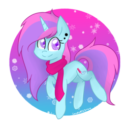 Size: 1000x1000 | Tagged: safe, artist:candyaicdraw, oc, oc only, oc:candy draw, pony, unicorn, clothes, ear piercing, earring, female, jewelry, piercing, scarf, snow, snowflake, solo