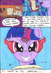 Size: 1792x2567 | Tagged: safe, artist:bio-iridescence, twilight sparkle, alicorn, pony, g4, comic, corrupted, corrupted twilight sparkle, equestria is doomed, evil smile, evil twilight, female, grin, letter, smiling, solo, sombra eyes, traditional art, twilight is anakin, twilight sparkle (alicorn), xk-class end-of-the-world scenario