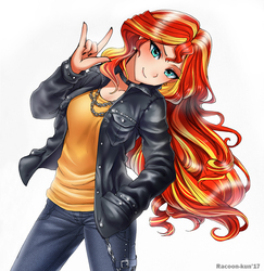 Size: 800x823 | Tagged: safe, artist:racoonsan, sunset shimmer, human, choker, clothes, devil horn (gesture), female, humanized, jacket, leather jacket, looking at you, nail polish, simple background, smiling, solo, white background