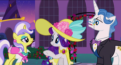 Size: 1360x730 | Tagged: safe, screencap, fancypants, rarity, upper crust, pony, g4, sweet and elite, clothes, dress, hat, monocle, scrunchy face, skunk stripe, suit