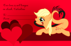 Size: 3156x2028 | Tagged: safe, artist:badumsquish, derpibooru exclusive, applejack, oc, oc only, monster pony, original species, tatzlpony, g4, bedroom eyes, female, heart, high res, looking at you, prehensile tail, prehensile tongue, prone, smiling, solo, species swap, tatzljack, valentine, valentine's day, valentine's day card