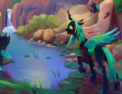 Size: 2200x1700 | Tagged: safe, artist:viwrastupr, queen chrysalis, changeling, changeling queen, g4, female, flying, lake, looking up, open mouth, scenery, water, waterfall