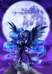 Size: 900x1286 | Tagged: safe, artist:toxicstarstudio, nightmare moon, pony, g4, female, mare in the moon, moon, night, rearing, solo, spread wings, stars, watermark