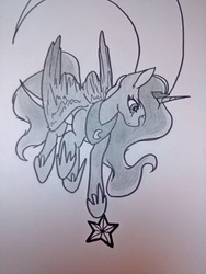 Size: 3120x4160 | Tagged: safe, artist:themissblacky, princess luna, pony, g4, color correction, crescent moon, female, high res, looking at something, looking down, monochrome, moon, raised hoof, solo, stars, tangible heavenly object, traditional art