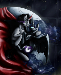 Size: 3211x3942 | Tagged: safe, artist:shagonese, king sombra, nightmare moon, alicorn, pony, unicorn, g4, cape, clothes, female, high res, hug, looking at each other, male, moon, ship:lumbra, shipping, sombramoon, straight, tongue out, winghug