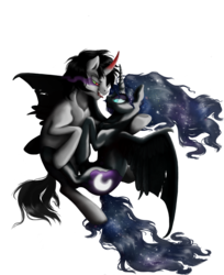 Size: 3211x3942 | Tagged: safe, artist:shagonese, king sombra, nightmare moon, g4, female, high res, hug, looking at each other, male, ship:lumbra, shipping, simple background, sombramoon, straight, tongue out, transparent background, winghug