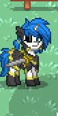 Size: 85x169 | Tagged: safe, oc, oc only, oc:drake ironheart, pony, pony town, armor, eyepatch, picture for breezies, royal guard, solo, sword, weapon