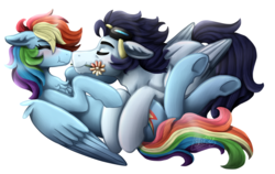 Size: 2200x1390 | Tagged: safe, artist:monnarcha, rainbow dash, soarin', pony, g4, chest fluff, eyes closed, female, flower, flower in mouth, goggles, hoers, male, mouth hold, scrunchy face, ship:soarindash, shipping, simple background, straight, transparent background