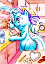 Size: 904x1280 | Tagged: safe, artist:remyroez, trixie, pony, g4, baking, bipedal, blushing, cooking, female, hoof hold, solo, traditional art, valentine's day