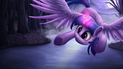 Size: 1920x1080 | Tagged: safe, artist:vanillaghosties, part of a set, twilight sparkle, alicorn, pony, female, flying, forest, magic, moon, night, solo, spread wings, twilight sparkle (alicorn), water