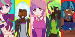Size: 850x425 | Tagged: safe, artist:burningflamemc, artist:deadtreachery-bases, indigo zap, lemon zest, sour sweet, sugarcoat, sunny flare, g4, my little pony equestria girls: friendship games, base used, belly button, clothes, collar, crystal prep shadowbolts, dark skin, diversity, glasses, gloves, hat, headphones, light skin, midriff, one eye closed, shadow five, spiked collar, spiked wristband, sports bra, wristband