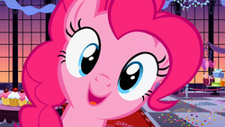 Size: 1280x720 | Tagged: safe, screencap, pinkie pie, earth pony, pony, g4, season 2, sweet and elite, balloon, blue eyes, confetti, cupcake, cute, diapinkes, excited, eyelashes, female, food, looking at you, mare, meme origin, open mouth, present, puffy mane, smiling, solo