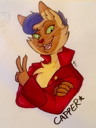 Size: 956x1280 | Tagged: safe, artist:snookumsgal, capper dapperpaws, abyssinian, cat, anthro, g4, my little pony: the movie, bust, chest fluff, clothes, coat, male, open mouth, peace sign, simple background, solo, traditional art, white background