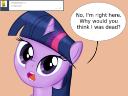 Size: 1280x960 | Tagged: safe, artist:cybersquirrel, twilight sparkle, pony, unicorn, g4, ask, bust, dialogue, female, looking at you, open mouth, orange background, portrait, simple background, solo, tumblr