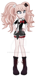 Size: 400x833 | Tagged: safe, artist:tonecolour12, equestria girls, g4, barely pony related, blonde hair, boots, bowtie, breasts, cleavage, clothes, danganronpa, deviantart watermark, equestria girls-ified, female, junko enoshima, necktie, obtrusive watermark, pigtails, simple background, solo, style emulation, twintails, uniform, watermark, white background