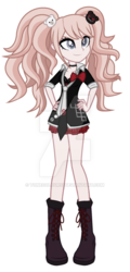 Size: 400x833 | Tagged: safe, artist:tonecolour12, equestria girls, g4, barely pony related, blonde hair, boots, bowtie, breasts, cleavage, clothes, danganronpa, despair, deviantart watermark, equestria girls-ified, female, junko enoshima, necktie, obtrusive watermark, pigtails, sad, simple background, solo, style emulation, twintails, uniform, watermark, white background