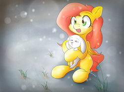 Size: 3158x2344 | Tagged: safe, artist:ando, angel bunny, fluttershy, pegasus, pony, g4, amazed, cute, duo, grass, happy, high res, holding, open mouth, shyabetes, sitting, snow, snowfall
