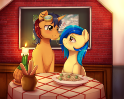 Size: 2800x2224 | Tagged: safe, artist:evomanaphy, oc, oc only, oc:electric spark, oc:silvia windmane, pegasus, unicorn, blushing, candle, candlelight, commission, couple, date, female, floating heart, food, goggles, happy, hayballs, heart, high res, horn, lady and the tramp, looking at each other, male, pasta, pegasus oc, reference, restaurant, romance, romantic, silspark, spaghetti, straight, unicorn oc, valentine's day
