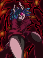Size: 1080x1470 | Tagged: safe, artist:quynzel, dj pon-3, vinyl scratch, vampire, anthro, g4, actor allusion, clothes, darkness, evil, fangs, female, fusion, hellsing, hellsing ultimate, hellsing ultimate abridged, missing accessory, monster, nightmare fuel, nowacking, red eyes, seras victoria, solo, the last thing you see before, voice actor joke