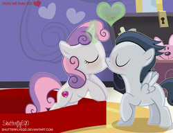 Size: 2540x1955 | Tagged: safe, artist:shutterflyeqd, rumble, sweetie belle, pegasus, pony, unicorn, g4, blushing, colt, cute, duo, eyes closed, female, filly, foal, glowing horn, heart, horn, kiss on the lips, kissing, magic, male, present, ship:rumbelle, shipping, straight, valentine's day