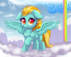 Size: 893x720 | Tagged: safe, artist:confetticakez, lightning dust, pegasus, pony, g4, cloud, female, floppy ears, looking at you, mare, rainbow waterfall, solo, spread wings