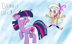Size: 1670x1024 | Tagged: safe, artist:starlightflopple, twilight sparkle, human, pony, g4, chloe carmichael, crossover, duo, the fairly oddparents, timmy turner, voice actor joke