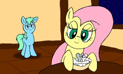 Size: 1600x960 | Tagged: safe, artist:dashingjack, fluttershy, oc, oc:brainstorm, earth pony, mouse, pegasus, pony, comic:mouse gala, g4, lidded eyes, smiling, story in the source, washing