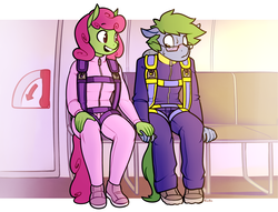 Size: 1280x979 | Tagged: safe, artist:siden, oc, oc only, oc:software patch, oc:windcatcher, anthro, anthro oc, blushing, clothes, commission, duo, glasses, holding hands, jumpsuit, nervous, parachute, side by side, sitting, skydiving, sweat, windpatch