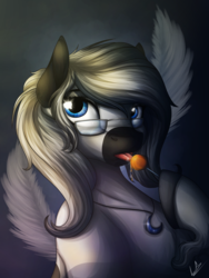 Size: 3000x4000 | Tagged: safe, artist:lupiarts, oc, oc only, oc:sassy response, earth pony, pony, bust, candy, feather, female, food, glasses, jewelry, lollipop, mare, moon, necklace, portrait, solo