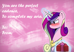Size: 1280x908 | Tagged: safe, artist:anticular, princess cadance, alicorn, pony, ask sunshine and moonbeams, g4, abstract background, blushing, female, hearts and hooves day, mare, present, solo, tsundere, valentine's day, valentine's day card