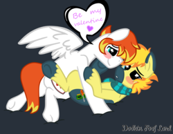 Size: 4500x3500 | Tagged: source needed, useless source url, safe, artist:dookin, edit, oc, oc only, oc:dookin foof lord, oc:yaktan, blushing, clothes, cuddling, cute, dialogue, gay, heart, high res, hoof on cheek, love, male, oc x oc, scarf, shipping, snuggling, text, valentine, valentine's day