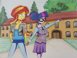 Size: 1024x780 | Tagged: safe, artist:missmayaleanne, sci-twi, sunset shimmer, twilight sparkle, equestria girls, g4, breasts, building, clothes, duo, female, glasses, holding hands, lesbian, pants, pointing, ship:sci-twishimmer, ship:sunsetsparkle, shipping