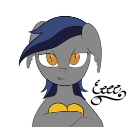 Size: 1200x1200 | Tagged: dead source, safe, artist:php47, artist:pinkhorseoccasionally, oc, oc only, oc:echo, bat pony, pony, cursive, eeee, fangs, female, floppy ears, food, hoof hold, hug, lidded eyes, looking at you, mango, mare, simple background, smiling, solo, transparent background