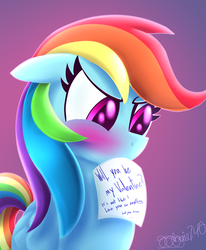 Size: 1400x1700 | Tagged: safe, artist:siggie740, rainbow dash, pony, g4, blushing, cute, dashabetes, female, letter, looking away, mouth hold, signature, simple background, solo, tsunderainbow, tsundere, valentine's day