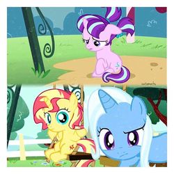 Size: 480x480 | Tagged: safe, artist:icutiemarks, starlight glimmer, sunset shimmer, trixie, pony, unicorn, g4, counterparts, cute, female, filly, filly starlight glimmer, filly sunset shimmer, filly trixie, twilight's counterparts, younger