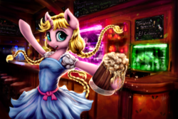 Size: 1200x800 | Tagged: safe, artist:salterino, oc, oc only, oc:caramel malt, pony, unicorn, semi-anthro, 2017, bar, cider, clothes, female, hooves, horn, looking at you, mare, mug, open mouth, ponyville ciderfest, solo, tankard