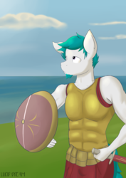 Size: 2893x4092 | Tagged: safe, artist:triplesevens, oc, oc only, anthro, anthro oc, bored, calm, day, male, muscles, roman, rome, shield, soldier, solo, sunlight, sword, weapon